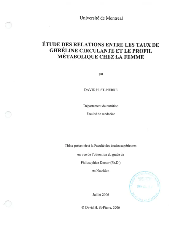 Étude des relations entre les taux de ghréline circulante et le profil métabolique chez la femme