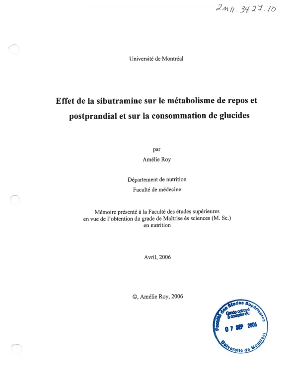 Effet de la sibutramine sur le métabolisme de repos et postprandial et sur la consommation de glucides