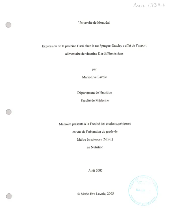 Expression de la protéine Gas6 chez le rat Sprague-Dawley : effet de l'apport alimentaire de vitamine K à différents âges