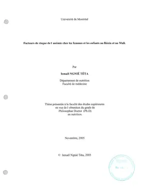 Anémie au Bénin et Mali: Facteurs de risque